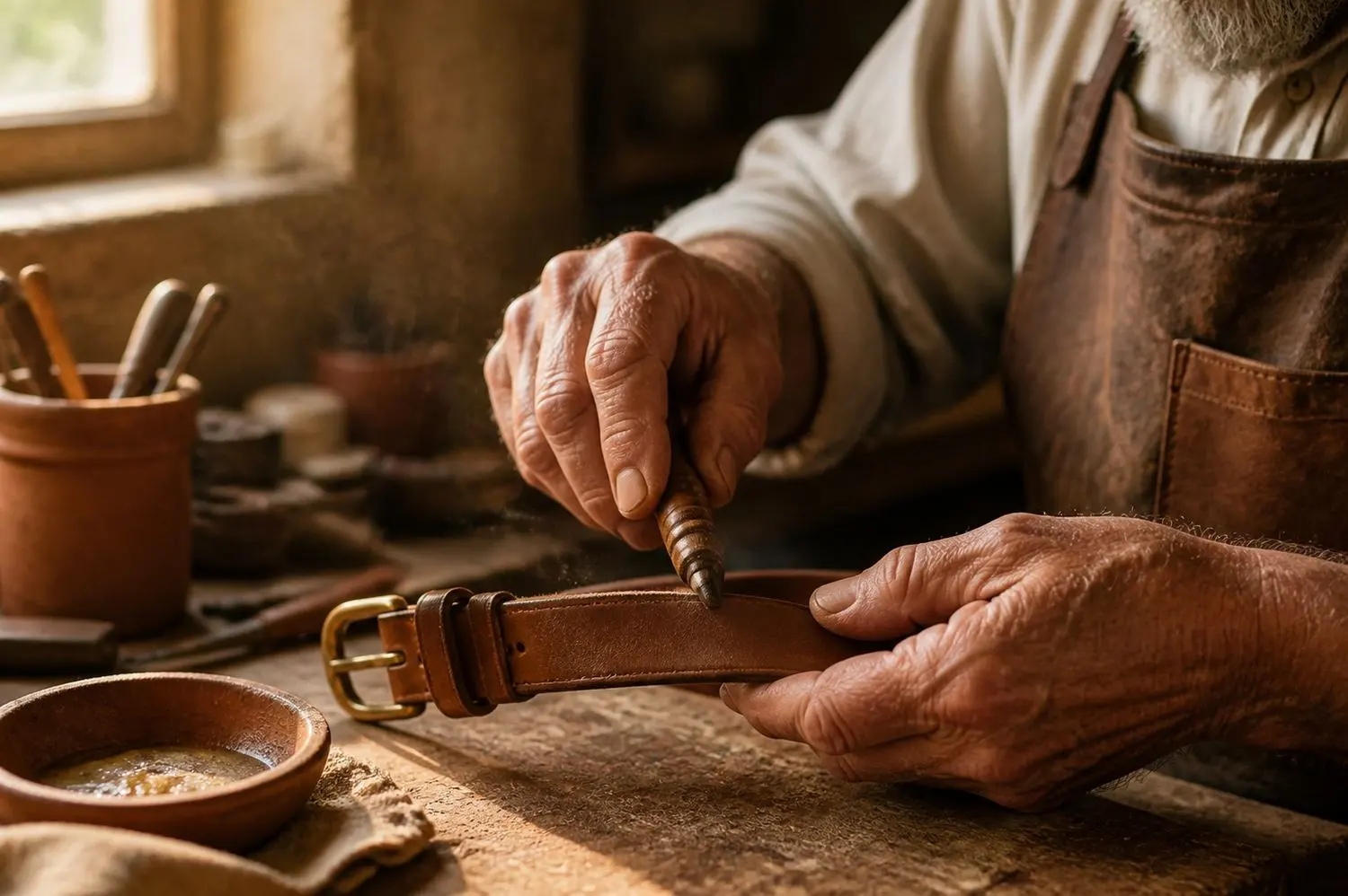 Manos de artesano puliendo el borde de un cinturón de cuero